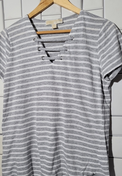 MICHAEL Michael Kors Tops - MICHAEL MICHAEL KORS  Gray Striped Lace Up Top Short Sleeve Lightweight
